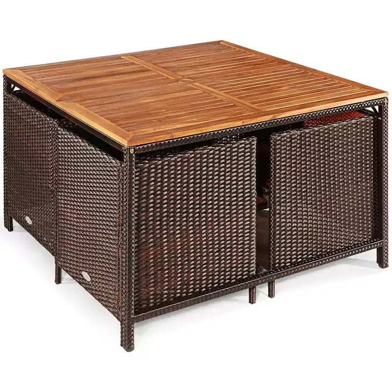 Costway Set da pranzo 9 pz in rattan e legno di acacia con sedie imbottite e pouf da esterno