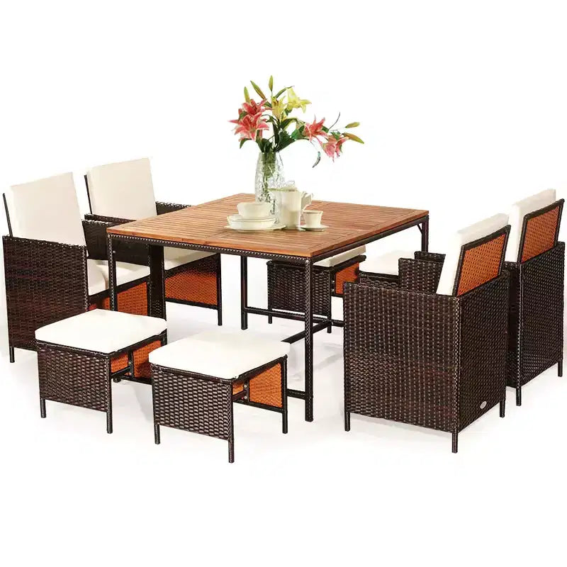 Costway Set da pranzo 9 pz in rattan e legno di acacia con sedie imbottite e pouf da esterno