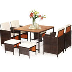 Costway Set da pranzo 9 pz in rattan e legno di acacia con sedie imbottite e pouf da esterno