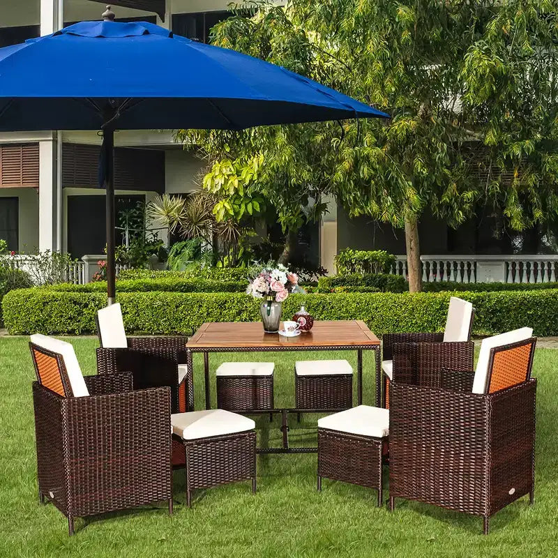 Costway Set da pranzo 9 pz in rattan e legno di acacia con sedie imbottite e pouf da esterno
