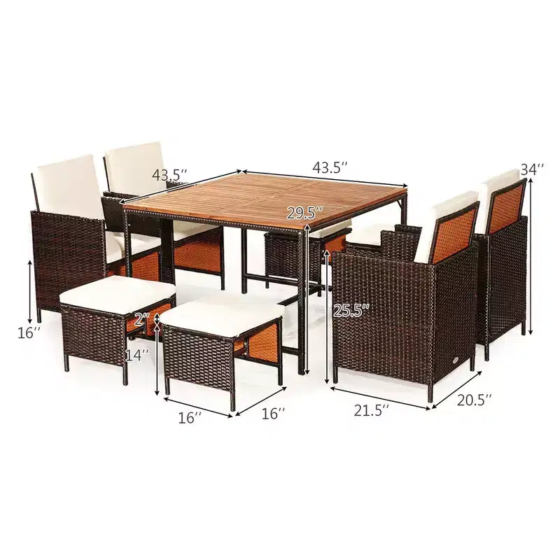 Costway Set da pranzo 9 pz in rattan e legno di acacia con sedie imbottite e pouf da esterno