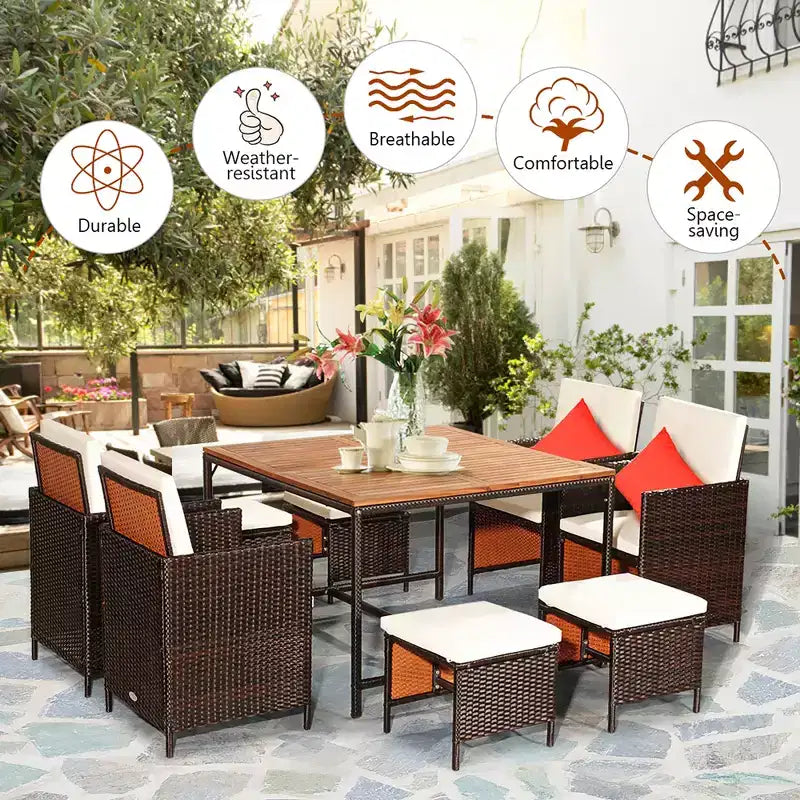 Costway Set da pranzo 9 pz in rattan e legno di acacia con sedie imbottite e pouf da esterno