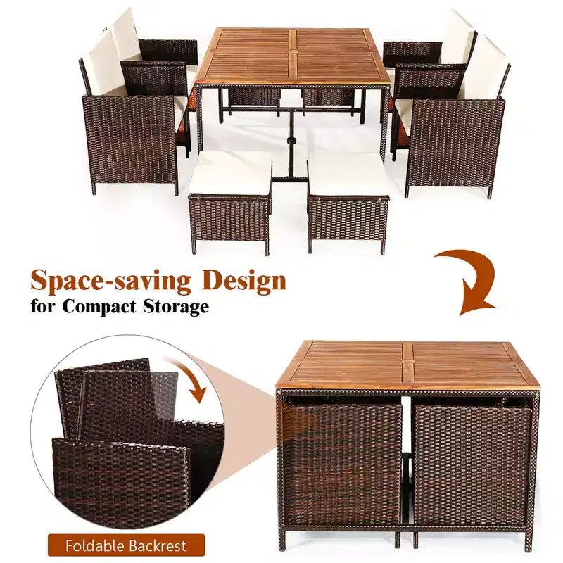 Costway Set da pranzo 9 pz in rattan e legno di acacia con sedie imbottite e pouf da esterno