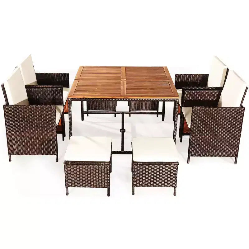 Costway Set da pranzo 9 pz in rattan e legno di acacia con sedie imbottite e pouf da esterno