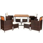 Costway Set da pranzo 9 pz in rattan e legno di acacia con sedie imbottite e pouf da esterno