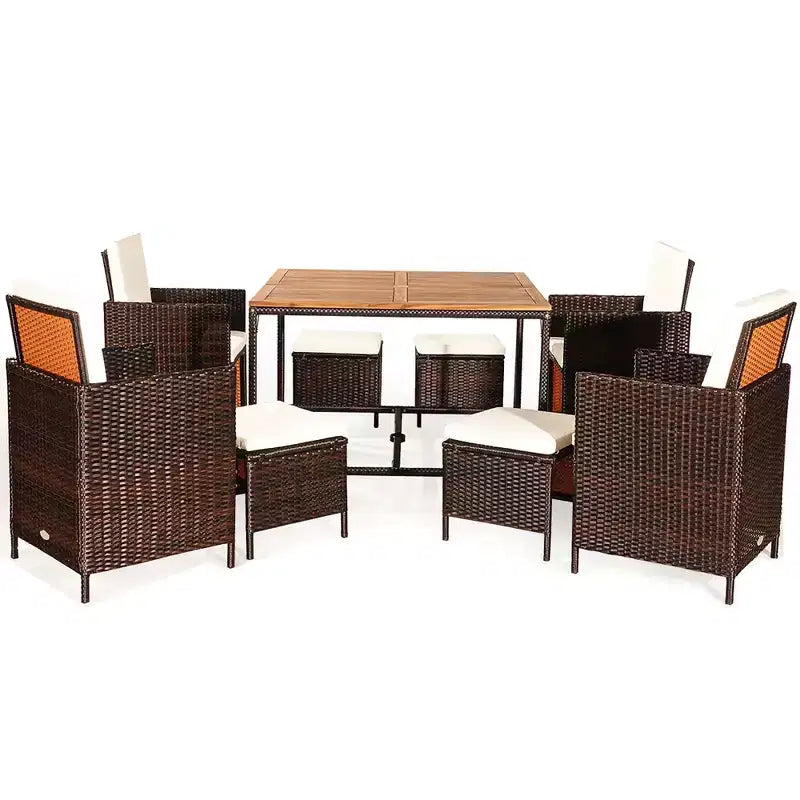 Costway Set da pranzo 9 pz in rattan e legno di acacia con sedie imbottite e pouf da esterno