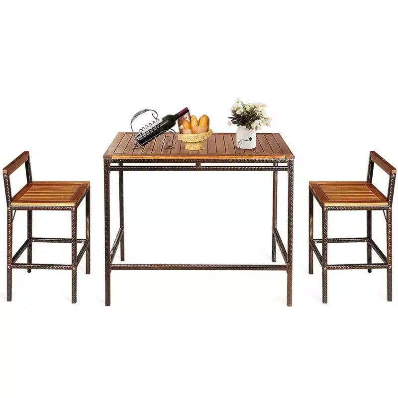 Costway Set Bar 3 Pezzi in Rattan Vimini Tavolo Sedie Legno Esterno