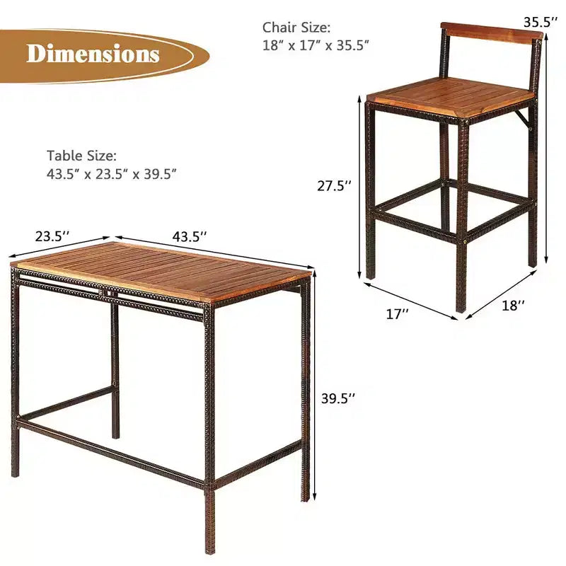 Costway Set Bar 3 Pezzi in Rattan Vimini Tavolo Sedie Legno Esterno