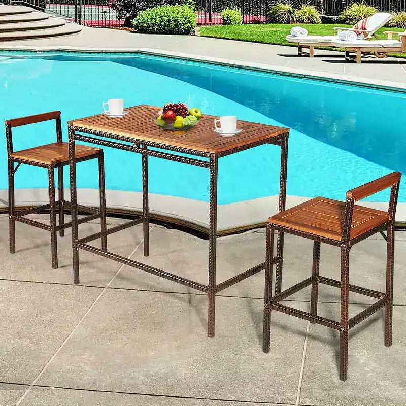 Costway Set Bar 3 Pezzi in Rattan Vimini Tavolo Sedie Legno Esterno