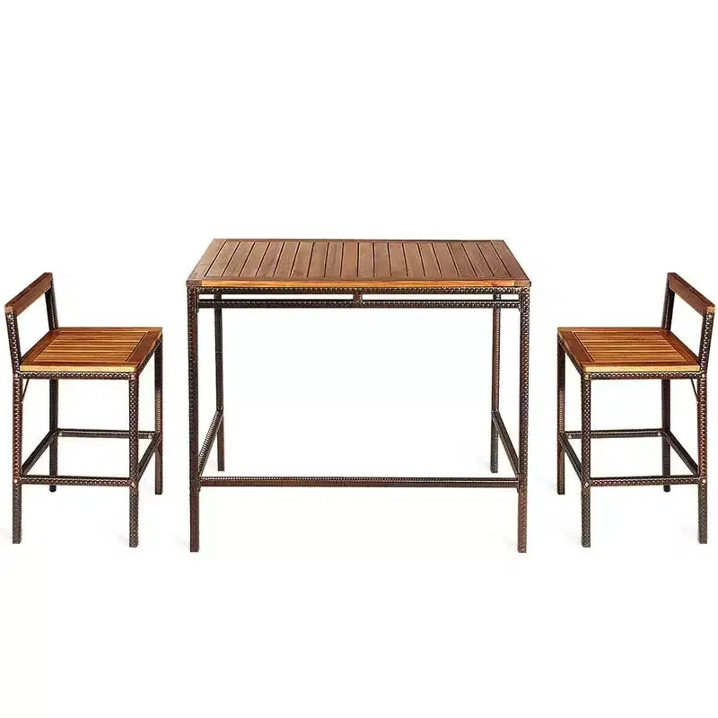 Costway Set Bar 3 Pezzi in Rattan Vimini Tavolo Sedie Legno Esterno