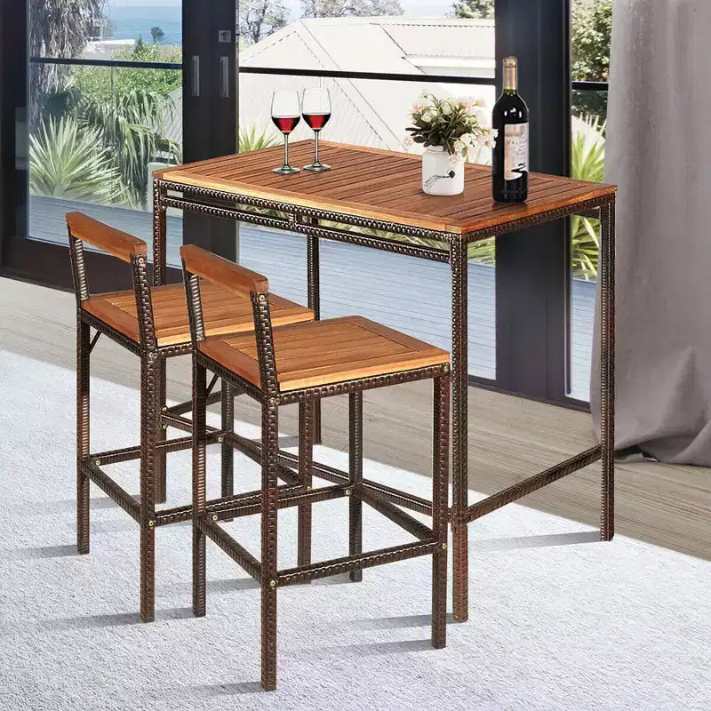 Costway Set Bar 3 Pezzi in Rattan Vimini Tavolo Sedie Legno Esterno