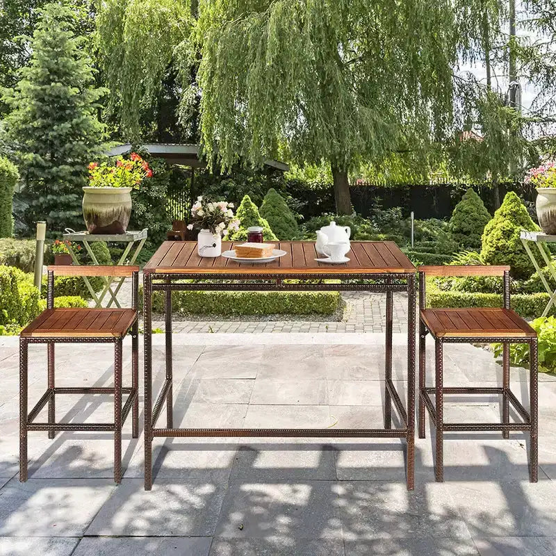 Costway Set Bar 3 Pezzi in Rattan Vimini Tavolo Sedie Legno Esterno