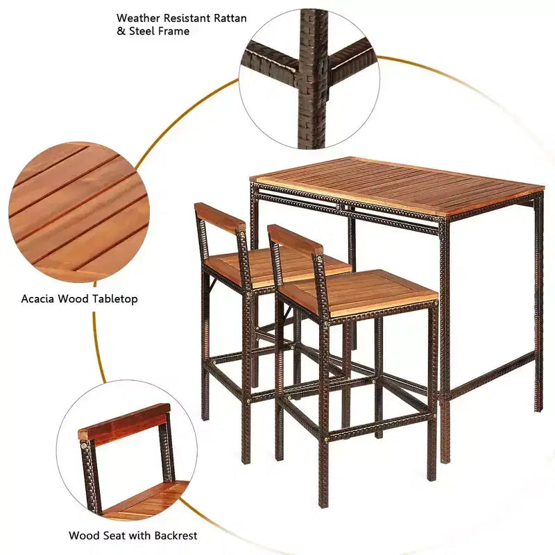 Costway Set Bar 3 Pezzi in Rattan Vimini Tavolo Sedie Legno Esterno