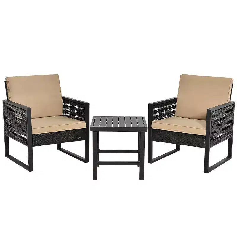 Set da bistrot da patio in rattan Costway, 3 pezzi, con divano, sedia imbottita e tavolino da caffè per giardino
