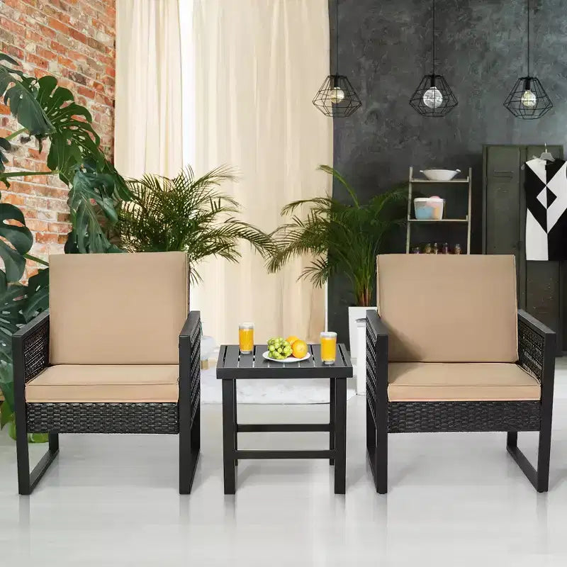 Set da bistrot da patio in rattan Costway, 3 pezzi, con divano, sedia imbottita e tavolino da caffè per giardino