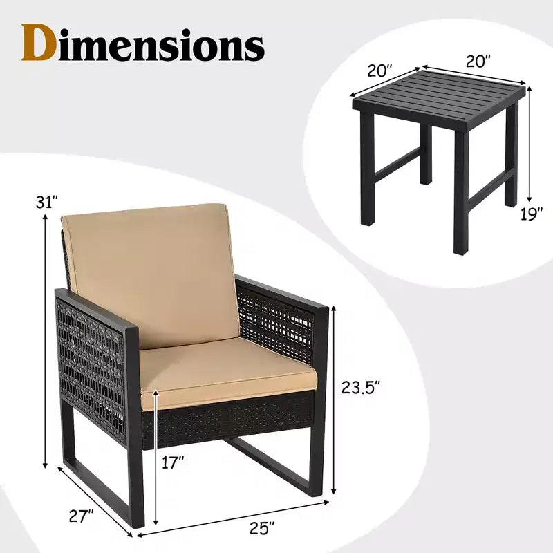 Set da bistrot da patio in rattan Costway, 3 pezzi, con divano, sedia imbottita e tavolino da caffè per giardino