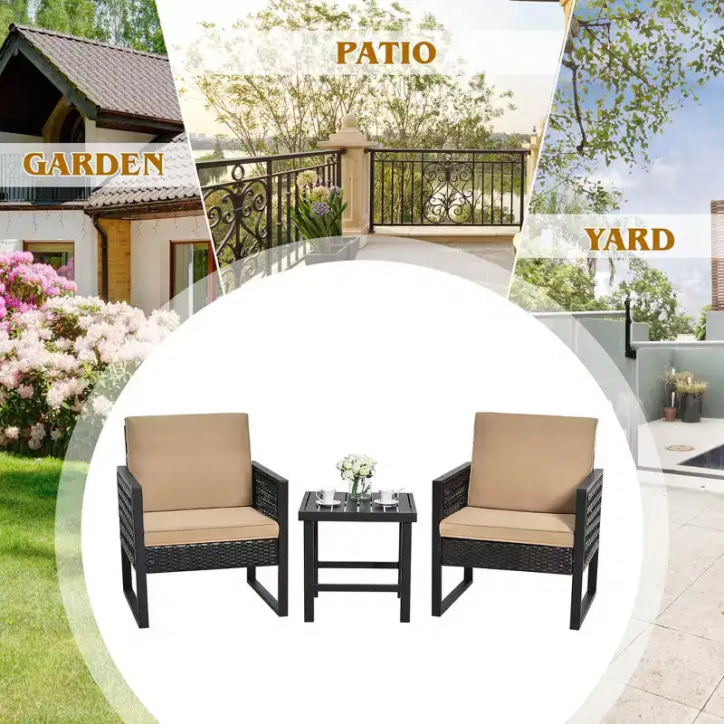 Set da bistrot da patio in rattan Costway, 3 pezzi, con divano, sedia imbottita e tavolino da caffè per giardino