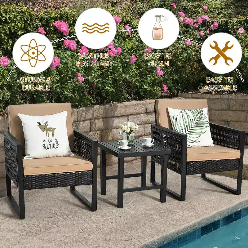 Set da bistrot da patio in rattan Costway, 3 pezzi, con divano, sedia imbottita e tavolino da caffè per giardino