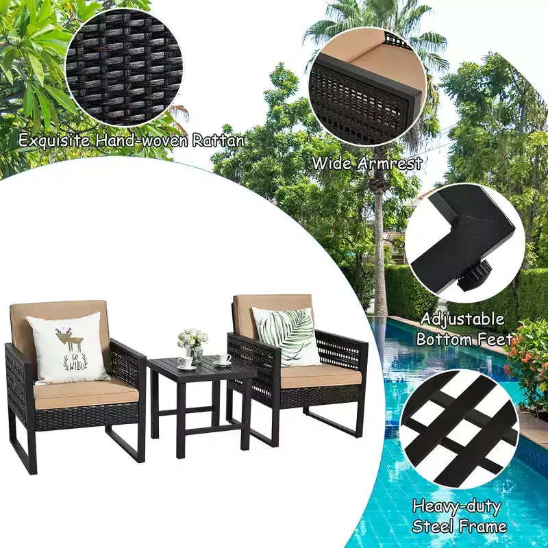 Set da bistrot da patio in rattan Costway, 3 pezzi, con divano, sedia imbottita e tavolino da caffè per giardino