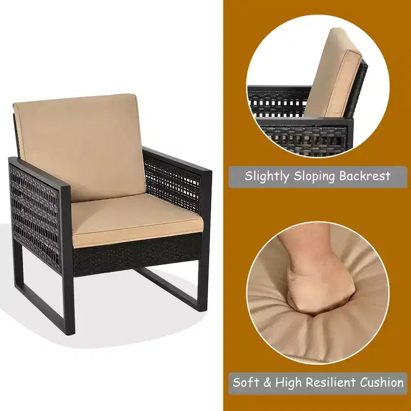 Set da bistrot da patio in rattan Costway, 3 pezzi, con divano, sedia imbottita e tavolino da caffè per giardino