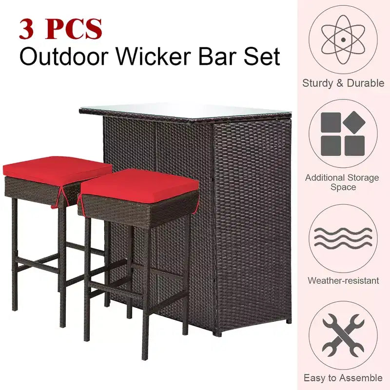 Set da pranzo Costway 3 pezzi con tavolo da bar e sedie in rattan sintetico per patio, giardino, con cuscini, rosso