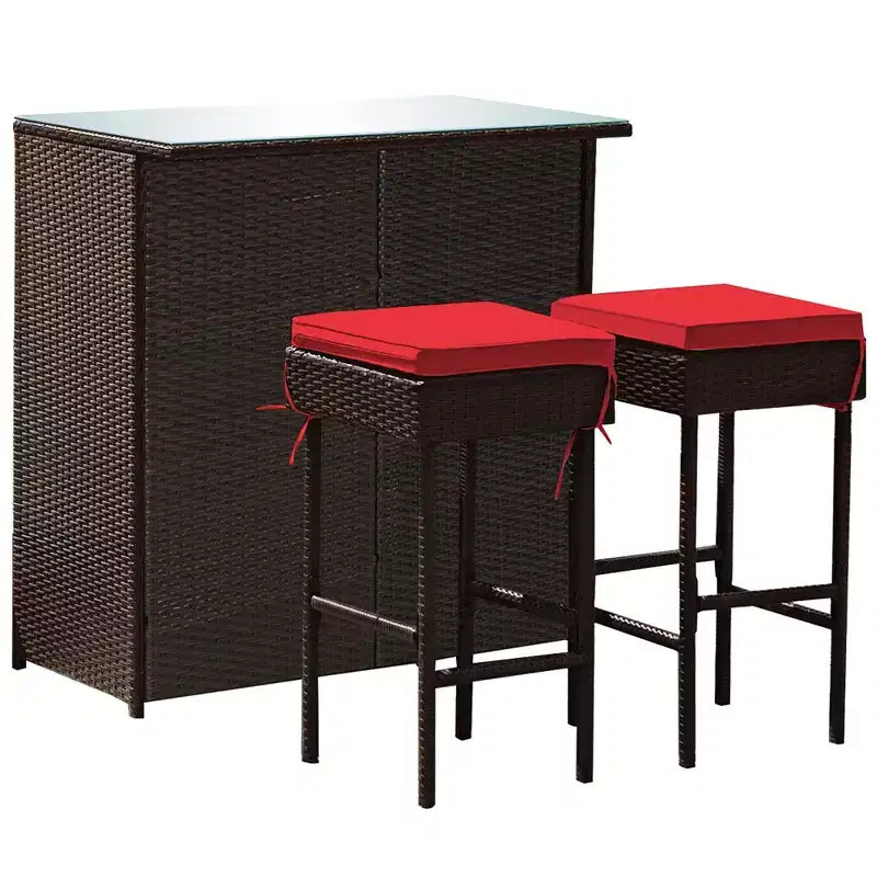 Set da pranzo Costway 3 pezzi con tavolo da bar e sedie in rattan sintetico per patio, giardino, con cuscini, rosso