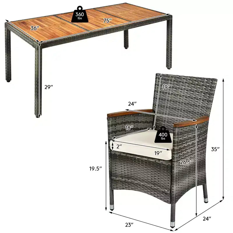 Set da pranzo per patio Costway 9 pezzi in rattan, colore grigio misto, tavolo in legno di acacia e sedie con cuscini