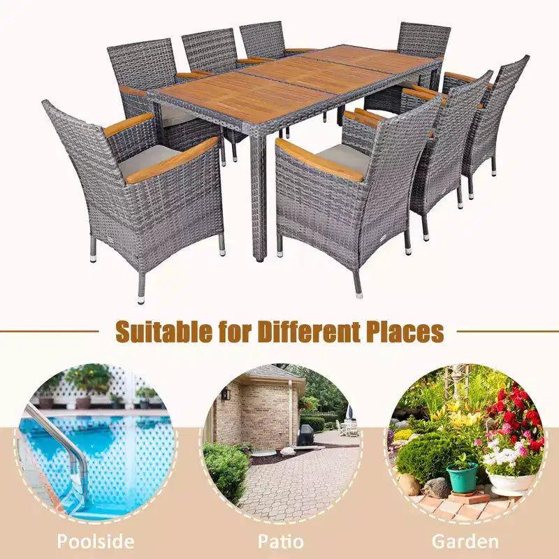 Set da pranzo per patio Costway 9 pezzi in rattan, colore grigio misto, tavolo in legno di acacia e sedie con cuscini