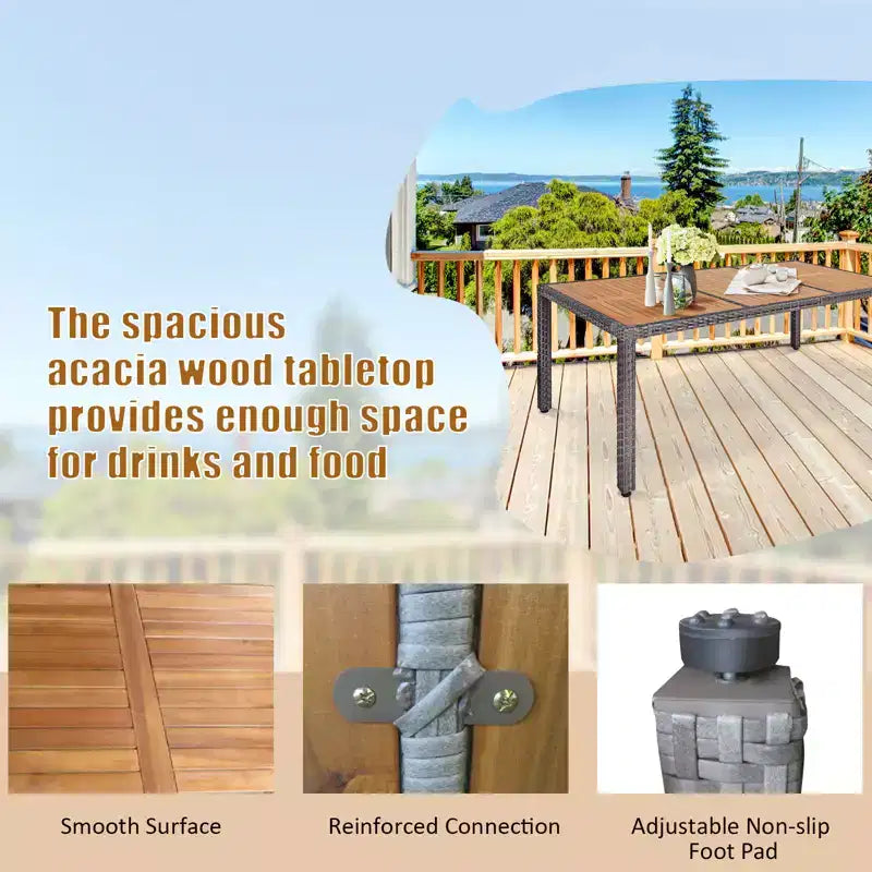 Set da pranzo per patio Costway 9 pezzi in rattan, colore grigio misto, tavolo in legno di acacia e sedie con cuscini