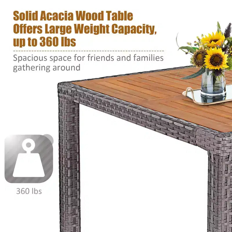 Set da pranzo per patio Costway 9 pezzi in rattan, colore grigio misto, tavolo in legno di acacia e sedie con cuscini