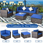 Costway Set Mobili da Giardino 6 Pezzi in Rattan Divano Sezionale con Cuscini Tavolino Ottomana Blu Navy