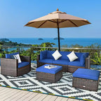 Costway Set Mobili da Giardino 6 Pezzi in Rattan Divano Sezionale con Cuscini Tavolino Ottomana Blu Navy