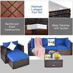 Costway Set Mobili da Giardino 6 Pezzi in Rattan Divano Sezionale con Cuscini Tavolino Ottomana Blu Navy