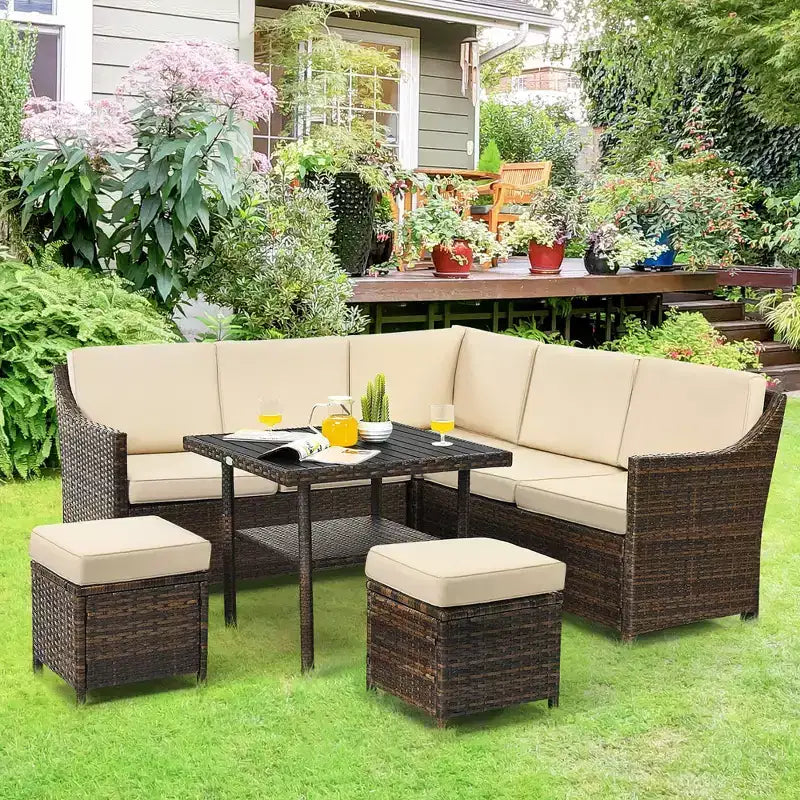 Set di mobili da pranzo da giardino Costway in rattan, 6 pezzi, con divano, pouf, tavolo e ripiano inferiore