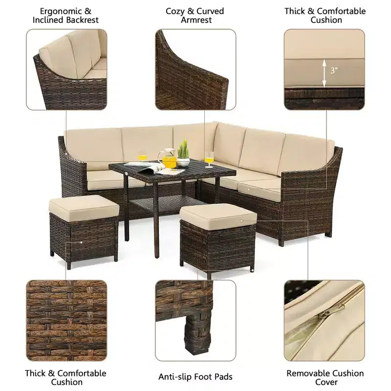 Set di mobili da pranzo da giardino Costway in rattan, 6 pezzi, con divano, pouf, tavolo e ripiano inferiore