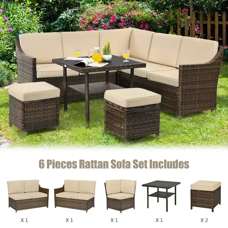 Set di mobili da pranzo da giardino Costway in rattan, 6 pezzi, con divano, pouf, tavolo e ripiano inferiore