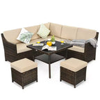 Set di mobili da pranzo da giardino Costway in rattan, 6 pezzi, con divano, pouf, tavolo e ripiano inferiore