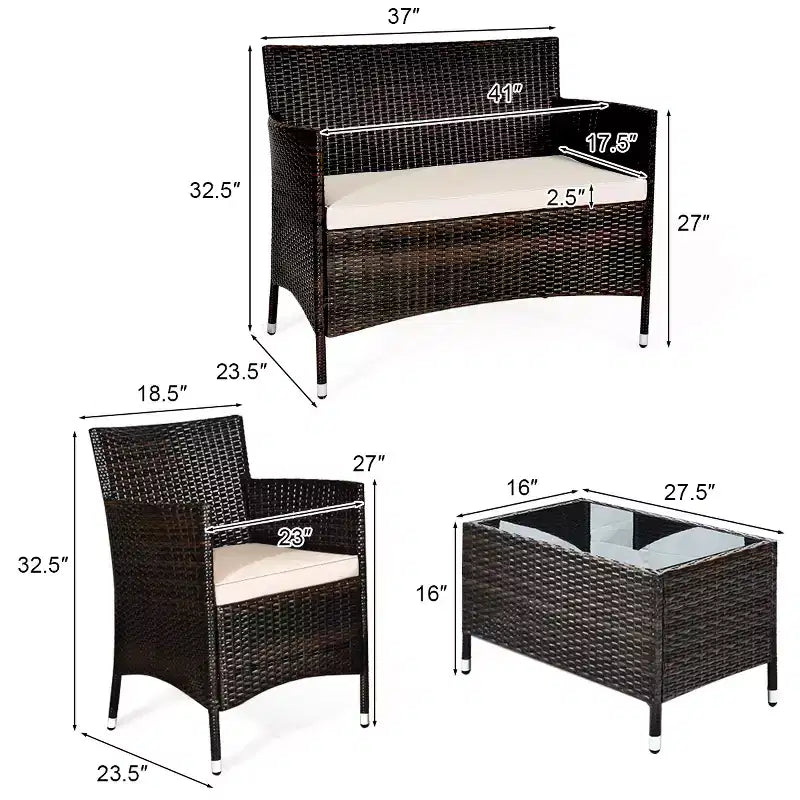Set di 4 mobili da giardino in rattan Costway, divano con cuscini, sedia e tavolino da caffè