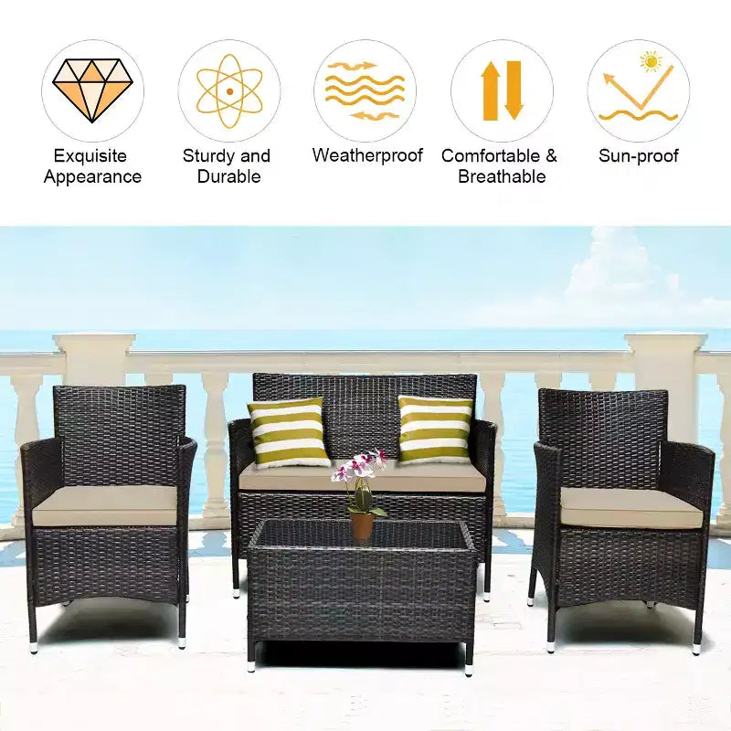 Set di 4 mobili da giardino in rattan Costway, divano con cuscini, sedia e tavolino da caffè