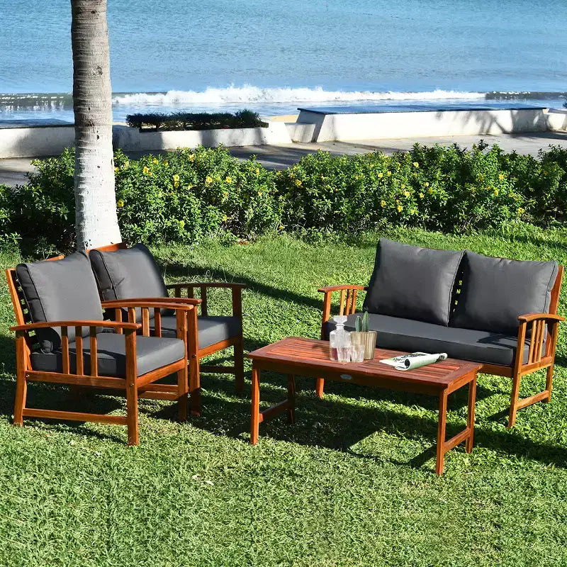 Costway Set Mobili da Giardino in Legno 4 Pezzi Tavolo Divano Sedia con Cuscini NUOVO