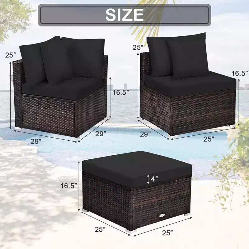 Costway Set Mobili da Giardino in Rattan 4 Pezzi Divano Ottomana Cuscini Esterno Nero