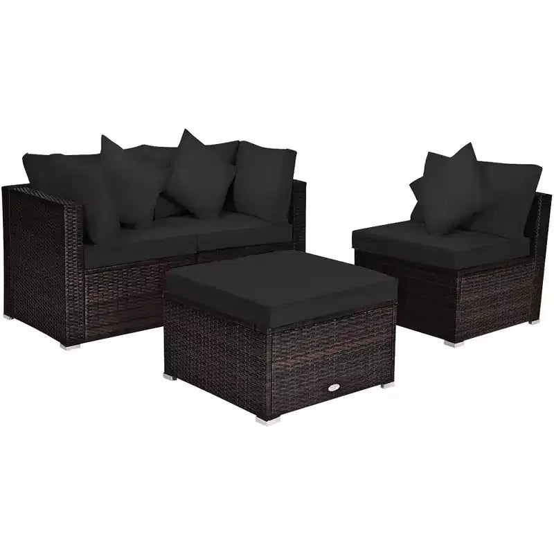 Costway Set Mobili da Giardino in Rattan 4 Pezzi Divano Ottomana Cuscini Esterno Nero