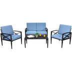Costway Set di 4 mobili da giardino con struttura in alluminio, divano imbottito, sedia e tavolino, blu