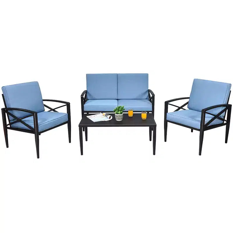 Costway Set di 4 mobili da giardino con struttura in alluminio, divano imbottito, sedia e tavolino, blu