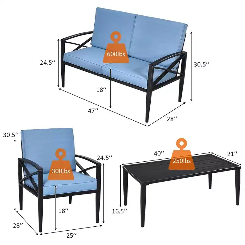Costway Set di 4 mobili da giardino con struttura in alluminio, divano imbottito, sedia e tavolino, blu