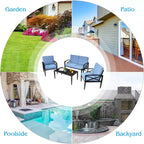 Costway Set di 4 mobili da giardino con struttura in alluminio, divano imbottito, sedia e tavolino, blu