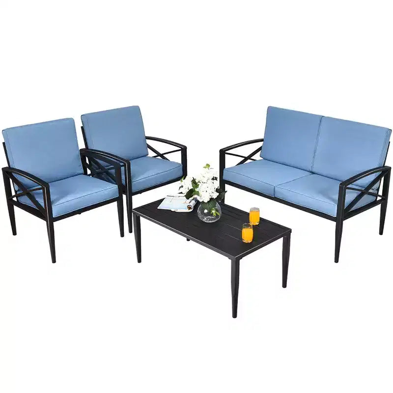 Costway Set di 4 mobili da giardino con struttura in alluminio, divano imbottito, sedia e tavolino, blu