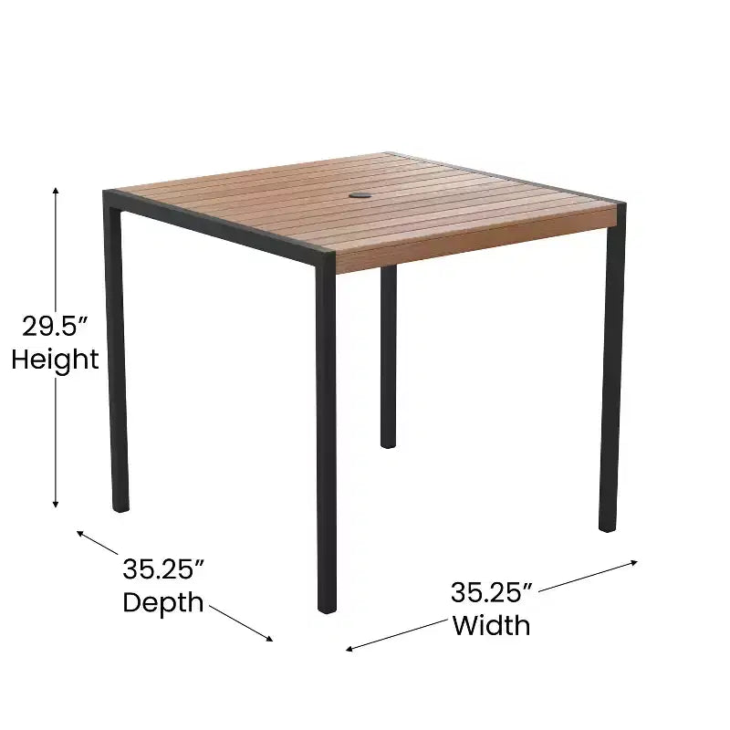 Set tavolo da patio 3 pezzi Emma e Oliver - Lamelle in poly teak sintetico - Tavolo quadrato da 35 con telaio in acciaio con 2 sedie impilabili in finto teak