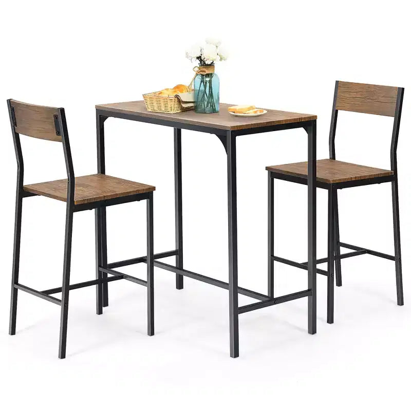 Set tavolo da bar Costway 3 pezzi, tavolo da pranzo stile industriale altezza bancone con 2 sgabelli