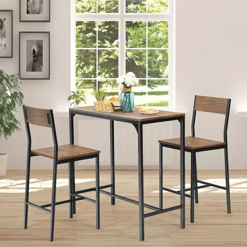 Set tavolo da bar Costway 3 pezzi, tavolo da pranzo stile industriale altezza bancone con 2 sgabelli
